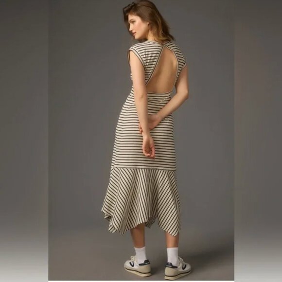 Anthropologie Daily Practice Highline Ribbed Striped Maxi Dress Size M White - Picture 1 of 14